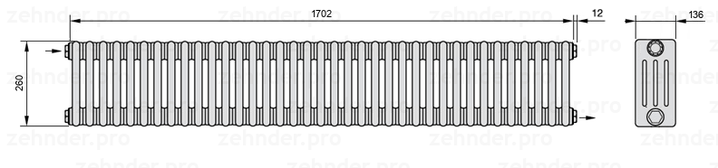 Схема (чертеж) Радиатор Zehnder Charleston 4026/37 №1670 Белый глянцевый RAL 9016